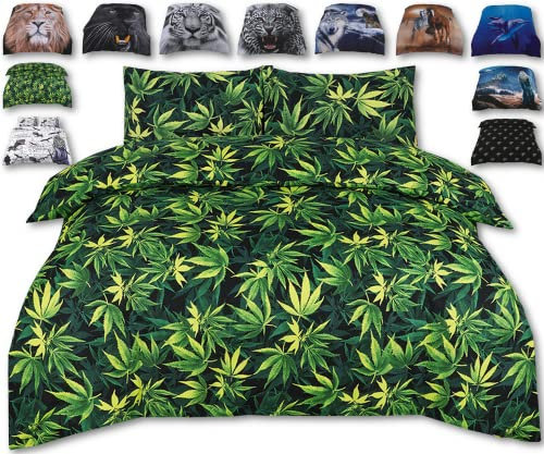 WEED – Cannabis - Marijuana Plant Bed Set –3D Printed DOUBLE Beddings Duvet Cover + Matching Pillowcases - Premium Quality Print Design – Natural Cotton + Virgin Polyester (Weed, Double)
