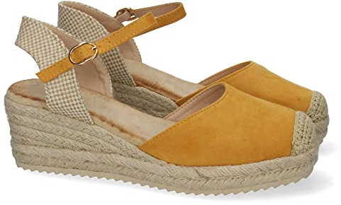 shoes&blues.es 63002-Sandalia de Cuna para Mujer, Forrado de Yute, Pala Cerrada, y Cierre de Hebilla, Primavera Verano 2022. Talla 39 Amarillo