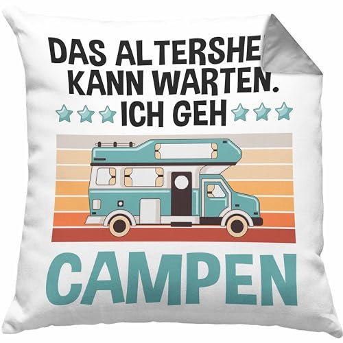 Trendation Wohnwagen Camper Kissen mit Füllung 40x40 Geschenke Wohnmobil für Männer Campingwagen Geschenkidee Zubehör Camping Opa Oma Rentner Lustig Grafik Altersheim kann warten (Grau)