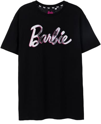 Barbie T-Shirt da Donna | Bambola Donna Logo Bianco Rosa | Vestiti Top dal Design Rilassato Lungo Nero