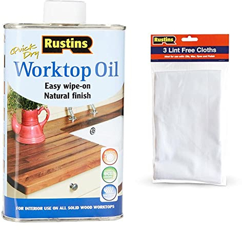 Rustins Worktop Oil 500ml & Rustins Lint Free Cloths - 3 x 300mm square