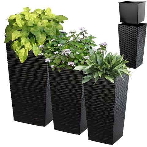 KADAX Set di 3 vasi alti per piante, Nero, H 36,5/46,5/57 cm – vaso moderno per piante da interno, fioriera da esterno, vaso da balcone