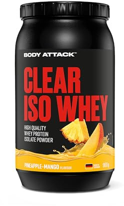 Body Attack Clear Iso Whey Pineapple Mango Flavour 900 g | Made in Germany, erfrischendes, klares Whey Protein Isolat, 24 g Protein und 11.400 mg EAAs pro Iso Whey Shake, zuckerfrei