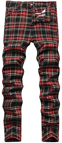 JE&NS Herren-Chinohose, Stretch, schmale Passform, Flache Vorderseite, lässig, Skinny, kariert, Rot-Schwarz kariert, 54