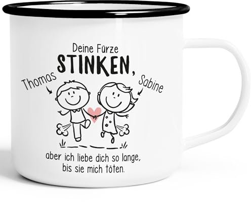 Moonworks® Emaille-Tasse Deine Fürze stinken aber ich liebe dich personalisierte Geschenk Freund Mann lustige Liebeserklärung anpassbar emaille-weiß-schwarz standard