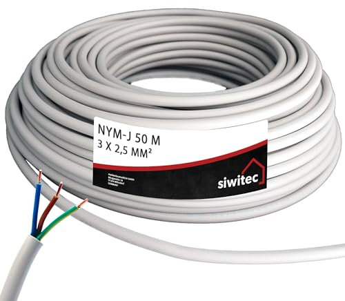siwitec NYM-Kabel, NYM-J 3x2,5 mm², 50 m, Stromkabel, Mantelleitung, Installationskabel, Kabelring