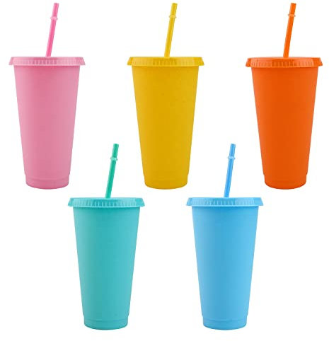 Reusable Plastic Cup 5 Pcs Drinkware Tumblers Coloured Acrylic Cups Tumblers with Lids and Straws Plastic Bulk Iced Plastic Cold Water Tumblers Iced Coffee Cups Travel Mug Party Tumbler