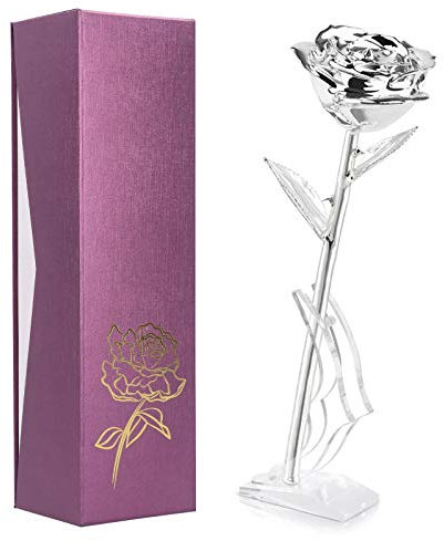Forever Flowers Rose Gifts for Mum, 24K Gold‑Plated Rose with Bracket Wedding Decoration Ornament Wonderful Gift for Valentine's Day Anniversary(Silver)