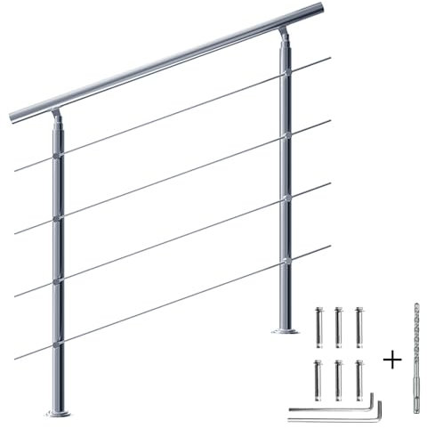CAVATINY Corrimano in acciaio inox, ringhiera per scale, parapetto, balcone con 4 barre trasversali, per interni ed esterni, ringhiera per scale in acciaio inox (120 cm, 4 barre trasversali)