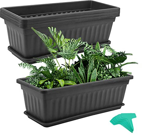 MUKCHAP 4 macetas rectangulares de plástico negro de 43 cm para ventana, con bandejas y etiquetas para plantas, maceta rectangular para verduras