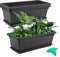 MUKCHAP 4 macetas rectangulares de plástico negro de 43 cm para ventana, con bandejas y etiquetas para plantas, maceta rectangular para verduras
