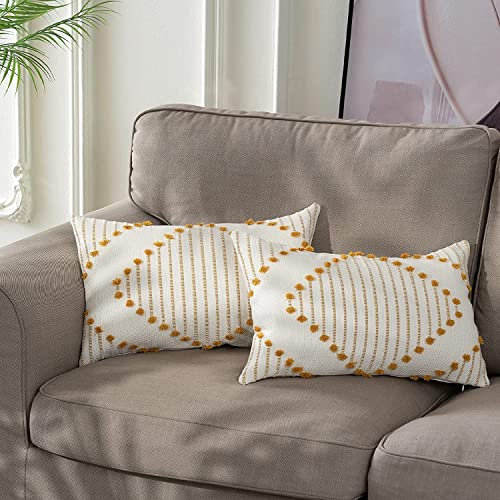 hi-home 2er Set Boho Kissenbezug 30x50cm, Dekorative Kissenhülle Boho Kissen Style Zierkissen Dekokissen Baumwolle Kissenbezüge Sofakissen für Sofa Schlafzimmer Wohnzimmer, Creme Gelb