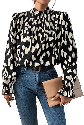 GORGLITTER Chemisier à volants pour femme avec col montant à manches longues élégant, Noir/blanc, L