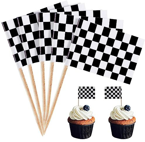 100Pcs F1 Checkered Flag Racing Mini Toothpicks,Black White Lattice Flag Cake Toppers,Chequered Cocktail Sticks Flags Food Lables for Racing Car Themed Party Cake Toppers,Cupcake Party Decorations