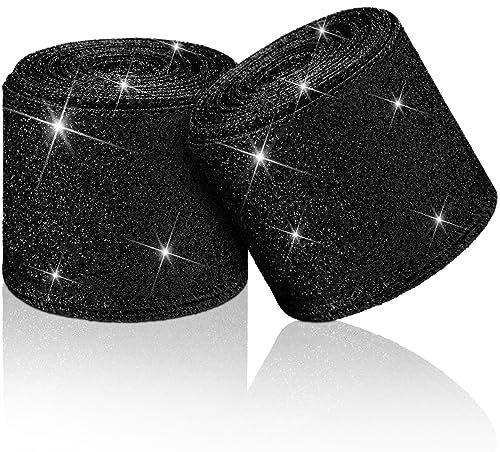 2 Rollen Weihnachten Geschenkbänder mit Drahtkanten Glitzer Schleifenbänder Farbige Glänzende Dekobänder für Geschenk Verpackung Girlande Kränze (Schwarz, Insgesamt 40 Yard)