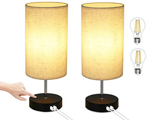 Glitzerlife 2ER Tischlampe Touch Nachttischlampe - USB Schwarz Vintage Dimmbar Tischleuchte E27 mit Ladefunktion Stoff Lampenschirm für Modern Deko Schlafzimmer Geschenk Wohnzimmer