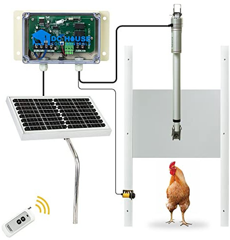 DCHOUSE Solarbetriebene automatische Hühnerstalltür mit 10-Watt-Solarpanel, Fernbedienung, Licht- und Infrarotsensor, für Hühner-Entenstall-Sicherheitszubehör im Freien