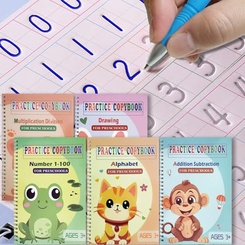 FREKNOW Magisk räfflad övningsbok 5-pack med pennor, spår, återanvändbara, magiska handskrift, arbetsböcker, spårande bokstäver, dagis, synord för barn i åldrarna 3-8 år förskola (5böcker + pennor)