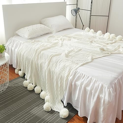 Menkala Kuscheldecke mit Pompons Weiß Baumwolle Blanket Wohndecke Handgefertigt Gestrickt Sofadecke Tagesdecke Leichte Sommerdecke Baumwolldecke Sofa Überwurfdecke Strickdecke Groß 150x200 cm