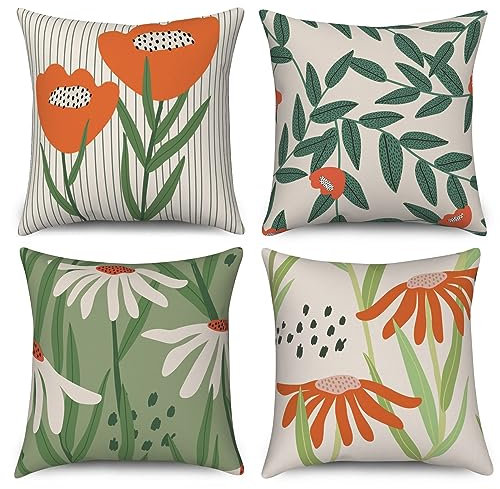 ASDCXZ Kissenbezug 40x40 cm 4er Set, Boho Orange Blumen Blätter Grün Beige Sofa Dekokissen Kissenbezüge Kissenhülle Waschbar Polyester Flachs Textil Outdoor Kopfkissenbezug Kissen Bezug