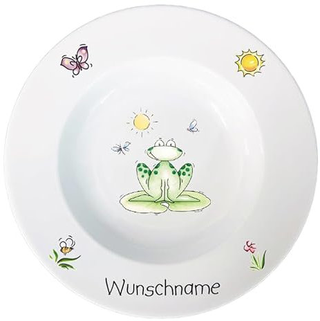 Doriantrade Suppenteller 22cm Kinderteller Teller Porzellan Frosch personalisierbar mit Wunschname Name Kindergeschirr mit Namen personalisiert