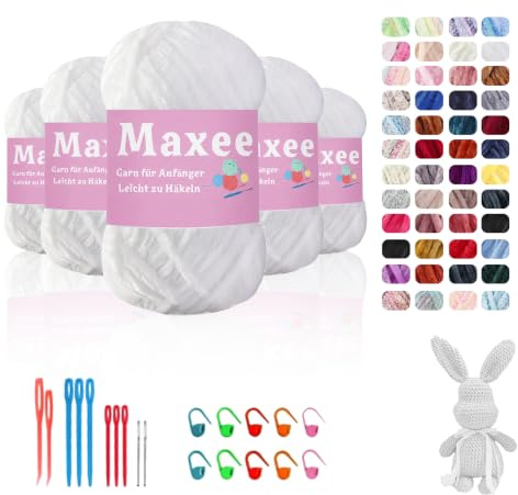 Maxee 500g(5×100g) Samtig Babywolle, Samt Chenille Garn mit Häkelwerkzeuge, Kuschelweich Velvet Chenillegarn Flauschige, Weich Plüschwolle Häkelgarn Wolle zum Stricken & Häkeln