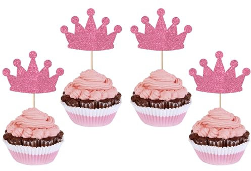 Cupcake-Topper mit Glitzer-Prinzessinnenkrone, Kuchendekoration für Hochzeit, Mädchen, Geburtstag, Babyparty, Party, Rosa, 24 Stück