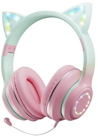 Auriculares infantiles con orejas de gato con luz LED RGB, auriculares plegables inalámbricos con cable con micrófono para regalos de niños y niñas, compatibles con teléfonos móviles, PC, tablet