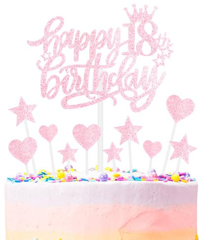mciskin Happy 18th Birthday Cake Toppers - Pink Glitter Heart Stars, Personalised for Women & Girls