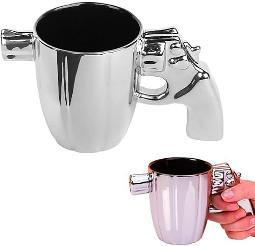Avilia Tazza Caffè o Tè Ceramica Argento con Design Unico Pistola - Maniglia Originale, 300ml, Idea Regalo Divertente e Elegante