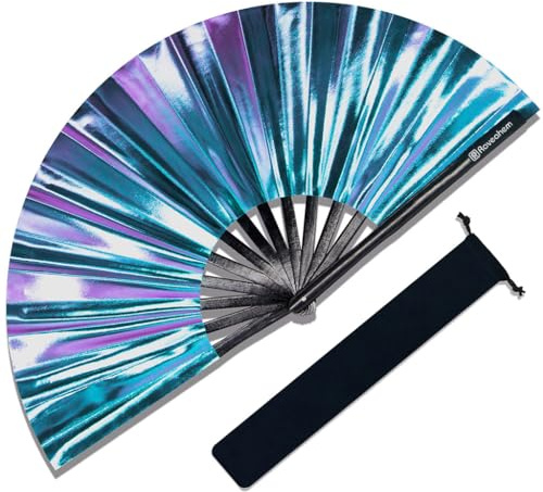 Raveahem Large Rave Fan, Clack Folding Hand Fan with Premium Fabric, Thick Bamboo Frame for Men Women Gift for EDM, Festival, Club, Party, Dance, Decoration (Holographic Blue-Purple, 13)