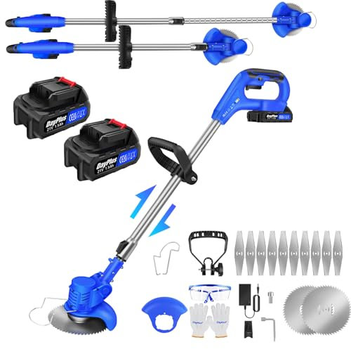 Electric Strimmer Grass Cutter with 2 Batteries, Battery Grass Trimmer with Adjustable Handle, Electric Telescopic Grass Trimmer with 10x Metal Blades, Garden Tools Lawn Edger Cordless Lawnmower