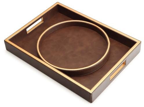 SANZIE Leather Tray Desktop Storage Organizer Premium Serving Tray Decorative Tray Valet Tray for Sundries Cosmetics Phone Wallet Cutlery (Brown Holder with Disc)