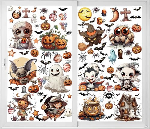 12 hojas de calcomanías de ventana de Halloween de gran tamaño, decoraciones de murciélagos, arañas, vampiros y brujas, calcomanías para ventanas de Halloween
