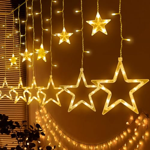 HappiHause Lichtervorhang 12 Sterne 138er LEDs Lichterkette Weihnachtslichter 31V 8 Modi Sternenvorhang mit Timer für Innen, Weihnachten, Party, Hochzeit, Garten, Balkon, Fenster Deko, Warmweiß