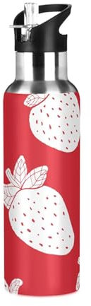 Sevdomey Bouteille d'eau rouge fraises avec couvercle à paille - 950 ml - Bouteille d'eau isotherme en acier inoxydable pour sport, cyclisme, randonnée, gym, école, maison