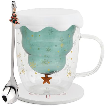 volumoon Tazas de café del árbol de navidad, Tazas de vidrio doble pared Vidrio Taza de leche Vidrios con aislamiento de doble pared Taza de expreso, lindas tazas de árbol de Navidad, 300ml