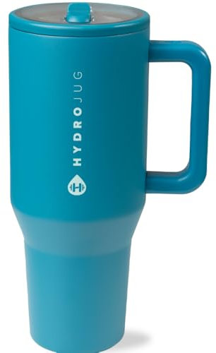 HydroJug Traveler - 40 oz Water Bottle with Handle & Flip Straw - Fits in Cup Holder, Leak Resistant Tumbler-Reusable Insulated Stainless Steel & Rubber Base - Gifts for Women & Men, Glacier