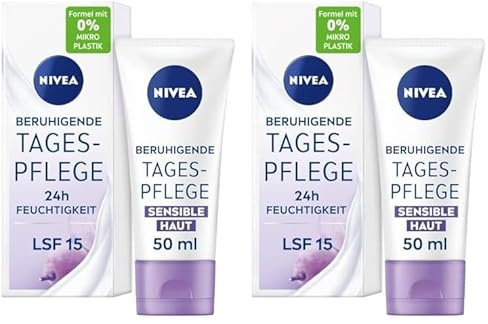 NIVEA Beruhigende Tagespflege 24h Feuchtigkeit LSF 15, parfumfreie Gesichtscreme für sensible Haut, zarte Tagescreme mit Traubenkernöl (Packung mit 2)