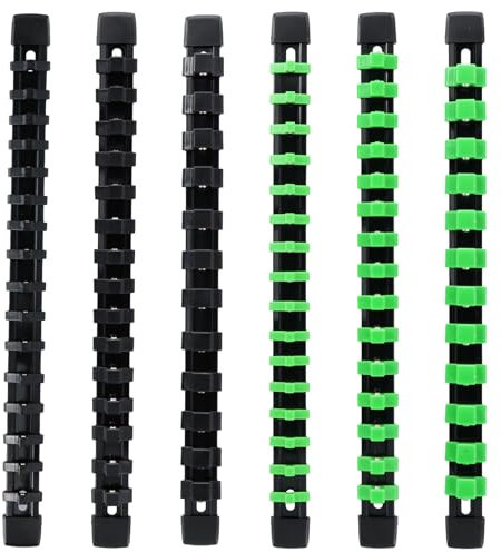 Dokeno Organisateur de Douilles 6 Pièces, Rail de Douilles 1/4, 3/8, 1/2, Clips de Rangement en ABS et PP, Couleur Vert et Noir