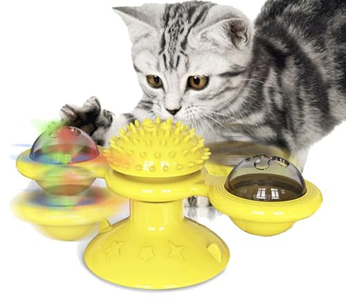 NSXAYIWE Moulin à Vent Jouet pour Chat Conception Interactive Rotatif Multifonctionnel Peigne à Chaton Jouet Facile à Nettoyer pour Chats et Chatons (Yellow)