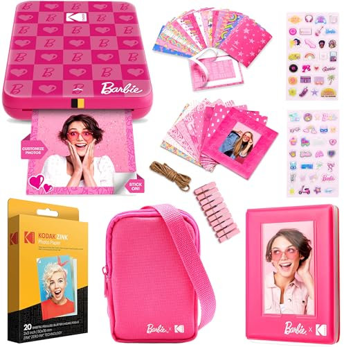 Kodak x Barbie Step Slim Kabelloser Sofortbild-Fotodrucker Barbie Geschenk-Bundle (Iconic Style) + Barbie Kameratasche, Fotoalbum, Sticker & Hängerahmen, 50 Sticker + Zink-Papier (20 Blatt)