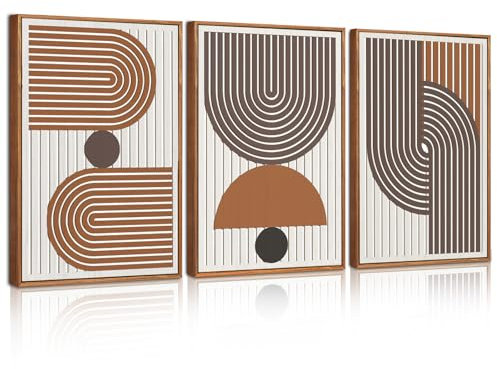 BINCUE 3 Stück 3D Boho Abstrakte Wandkunst,Mid Century Minimalistisch Modern Bilder,Abstrakte Geometrische Wanddeko,Einfache Linien Neutral Bild,Holz Wandbilder für Wohnzimmer Schlafzimmer 30x40cm