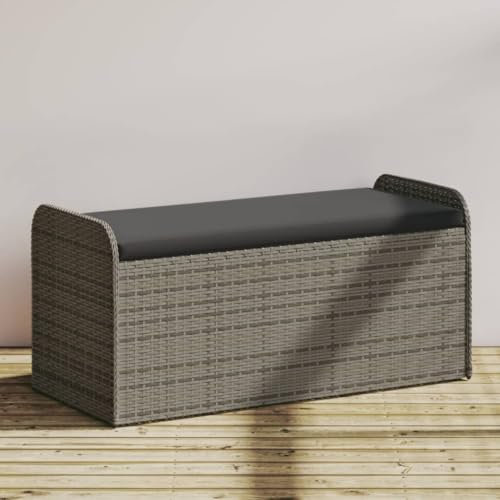 Gecheer Garden Bench with Storage Garden Storage Box Deck Box Indoor Outdoor Seating Chair Storage Chest with Cushion Grey 115x51x52 cm Poly Rattan