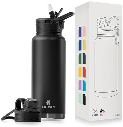 ENIVAN, Gourde Sport Isotherme 1L avec 2 Bouchons Paille et Embout – Bouteille d'Eau Inox Sans BPA, Étanche, Anti-Fuite, Double Paroi, pour Fitness, Musculation, Randonnée, Camping, Bureau, École
