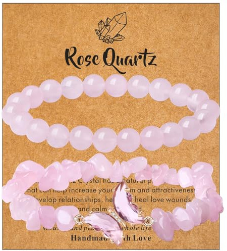 AWARDSEN 2Pcs Butterfly Bracelets for Women Healing Crystals Bracelets for Women Natural Gemstones Stretchable Chip Jewellery 8mm Crystal Beaded Bracelet Gift for Birthday
