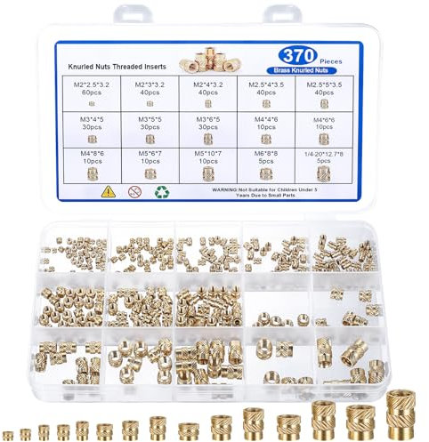 370 Pcs Brass Knurled Insert, M2 M2.5 M3 M4 M5 M6 & 1/4-20 Female Thread Brass Nuts, Press-in Knurled Insert, Embedment Nuts for Plastic Shell 3D Printing Part