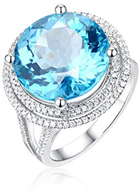 Stfery Weißgold 18 Karat Ring Damen, Trauringe mit Topas Blau, Diamantring Echtgold Schmuck, Gr.60 (19.1)