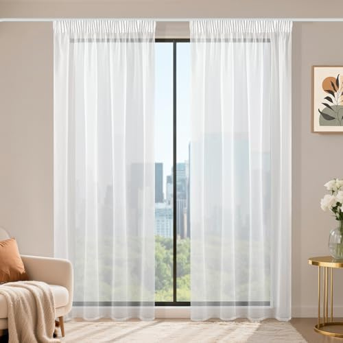 Runyéla Stores Gardinen mit Kräuselband 2er Set, Voile Schiebegardinen 200 x 140 (HxB), Transparent Gardine, Vorhang Weiß, Vorhänge für Wohnzimmer Schlafzimmer Sheer Curtain