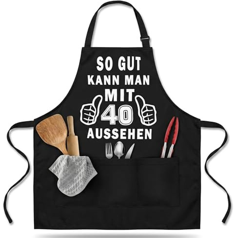 IUSOT Grillschürze Männer Lustig Kochschürze Herren Geschenk 40 Geburtstag Mann 3 Taschen Verstellbar Küchenschürze Grillen Grillparty Zubehör Outfit Schwarz 80 x 70 cm
